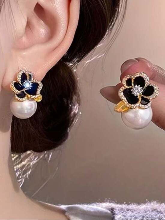 Big Jewelry Co Jewelry - Gold Floral Pearl Drop Earrings with Navy and White Accents